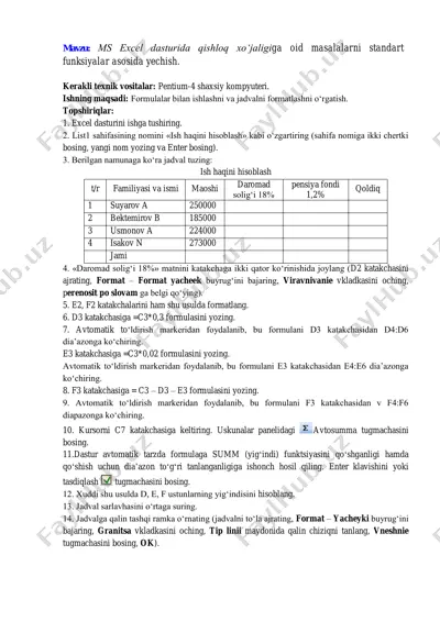 ms excel dasturida qishloq xo‘jaligiga oid masalalarni standart funksiyalar asosida yechish — PDF