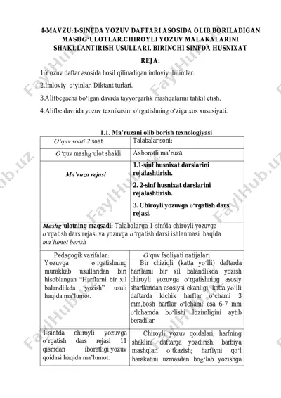 mavzu:1-sinfda yozuv daftari asosida olib boriladigan mashg‘ulotlar.chiroyli yozuv malakalarini shakllantirish usullari — PDF