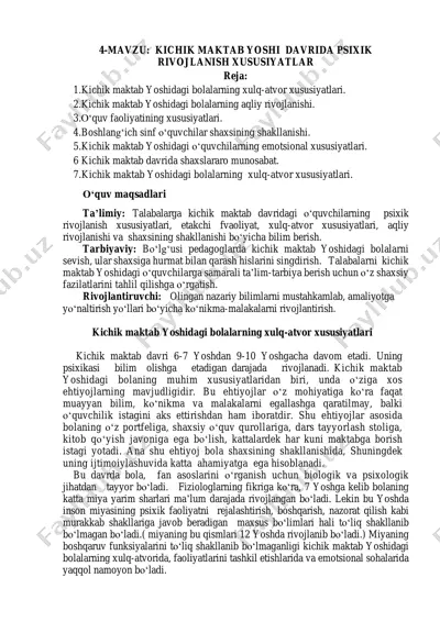 kichik maktab yoshi davridagi psixik rivojlanish xususiyatlari — PDF