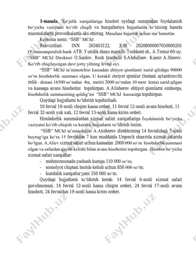 xo‘jalik xarajatlariga hisobot o‘yidagi summadan foydalanish bo‘yicha vaziyatni ko‘rib chiqib va buxgalteriya hujjatlarini to‘ldirish — PDF