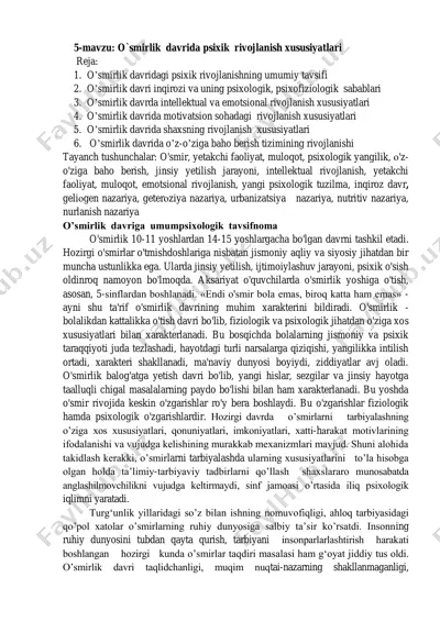 o`smirlik davrida psixik rivojlanish xususiyatlari — PDF