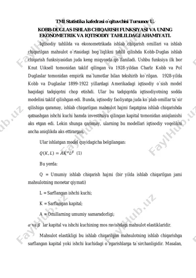 kobb-duglas ishlab chiqarish funksiyasi va uning ekonometrik va iqtisodiy tahlildagi ahamiyati — PDF