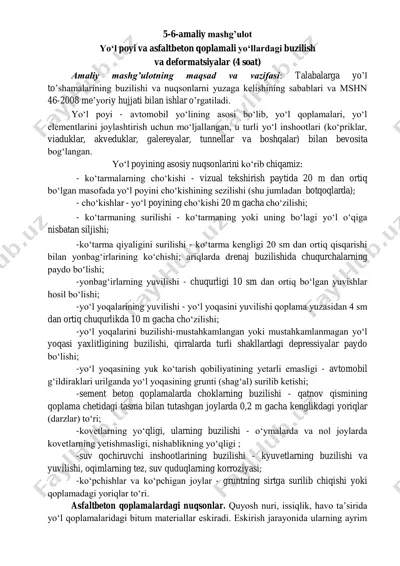 yo‘l poyi va asfaltbeton qoplamali yo‘llardagi buzilish va deformatsiyalar — PDF