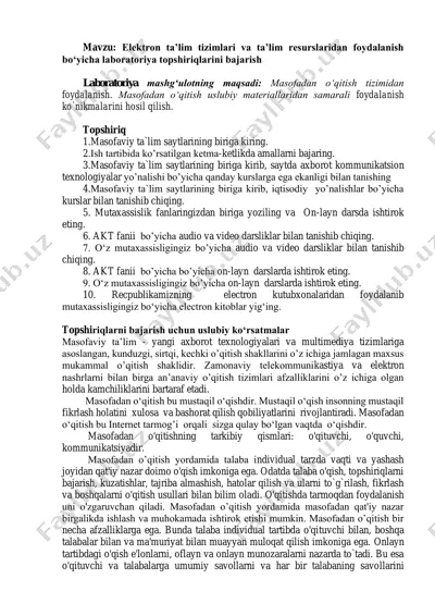 elektron ta’lim tizimlari va ta’lim resurslaridan foydalanish bo‘yicha laboratoriya topshiriqlarini bajarish — PDF