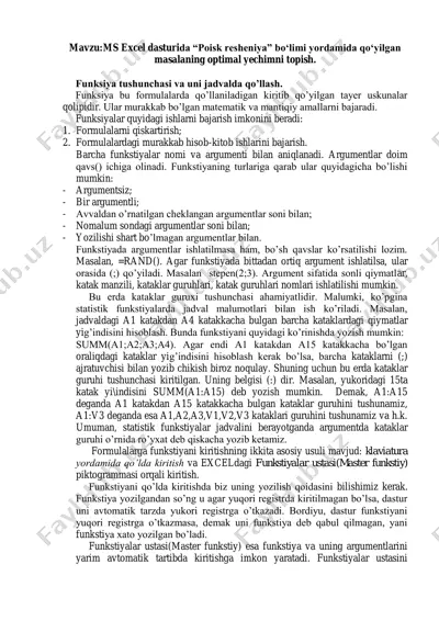 ms excel dasturida “poisk resheniya” bo‘limi yordamida qo‘yilgan masalaning optimal yechimni topish. — PDF