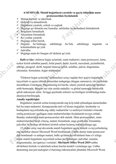 matnli hujjatlarni yaratish va qayta ishlashda matn protsessoridan foydalanish — PDF