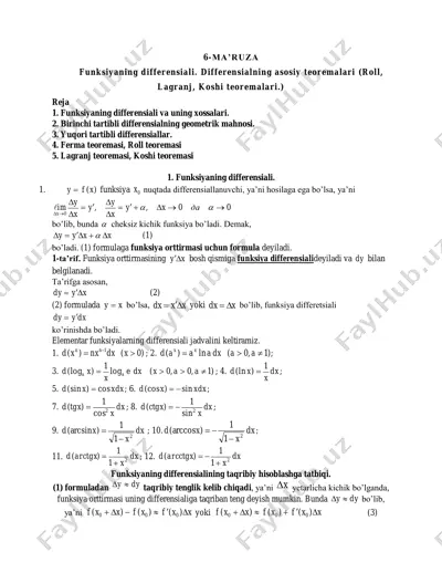 differensialning asosiy teoremalari — PDF