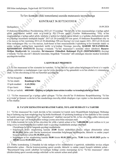 to‘lov-kontrakt (ikki tomonlama) asosida mutaxassis tayyorlash — PDF
