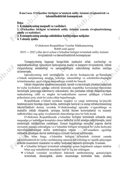 o‘lchashlar birligini ta'minlash milliy tizimini rivojlantirish va takomillashtirish konsepsiyasi — PDF