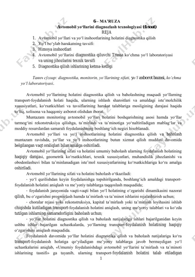 avtomobil yo‘llarini diagnozlash texnologiyasi (4-soat) — PDF