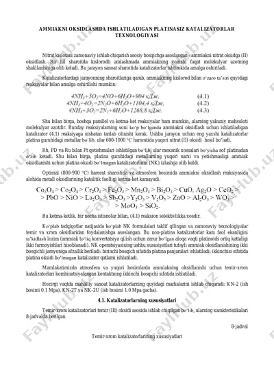 ammiakni oksidlashda ishlatiladigan platinasiz katalizatorlar — PDF