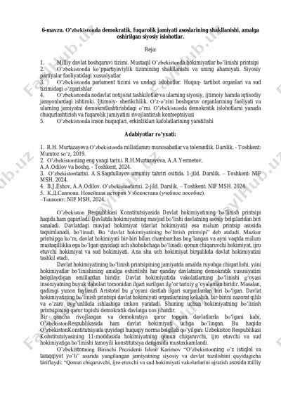 o’zbekistonda demokratik, fuqarolik jamiyati asoslarining shakllanishi, amalga oshirilgan siyosiy islohotlar — PDF