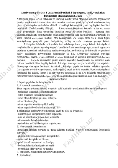 yurak ritmining buzilishi. etiopatogenez, tasnif, yurak ritmi buzilishining klinik namoyon bo‘lishi. — PDF
