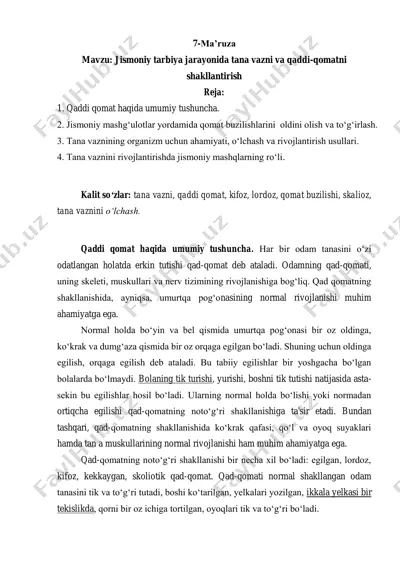 jismoniy tarbiya jarayonida tana vazni va qaddi-qomatni shakllantirish — PDF