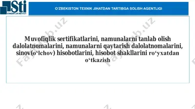 muvofiqlik sertifikatlarini, namunalarni tanlab olish dalolatnomalari, namunalarni qaytarish dalolatnomalari, sinov(o‘lchov) hisobotlari, hisobot shakllari ro‘yxatdan o‘tkazish — PDF