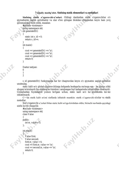 statik o'zgaruvchilar va metodlar — PDF