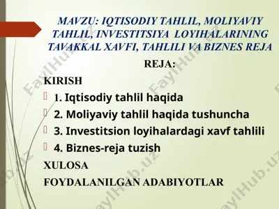 iqtisodiy tahlil, moliyaviy tahlil, investitsiya loyihalarining tavaxkkal xavfi, tahlili va biznes reja — PPTX