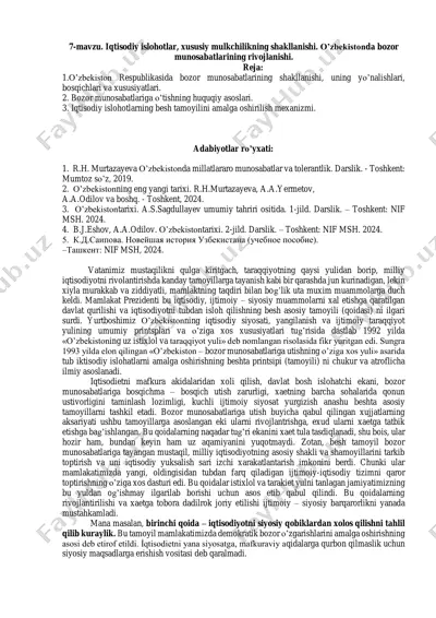 iqtisodiy islohotlar, xususiy mulkchilikning shakllanishi. o’zbekistonda bozor munosabatlarining rivojlanishi. — PDF