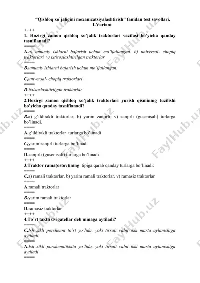 qishloq xo`jaligini mexanizatsiyalashtirish fanidan test savollari — DOC
