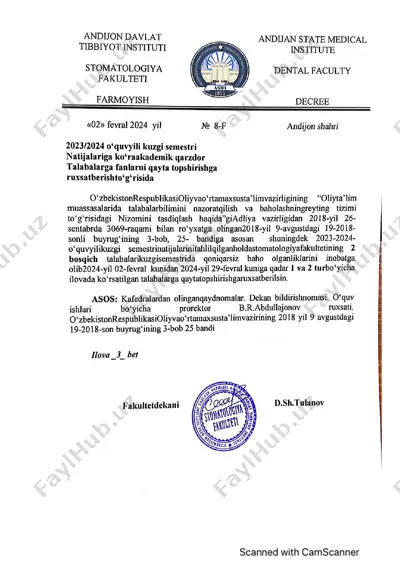 stomatologiya talabalarining qayta topshirishga ruxsat berish haqida farmon — PDF