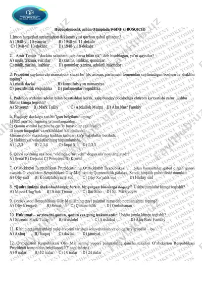 huquqshunoslik uchun olimpiada 9-sinf (i bosqich) — PDF