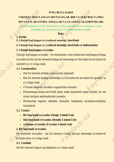 ma'ruza darsi - chiziqli bog'langan ro'yxatlar — PDF