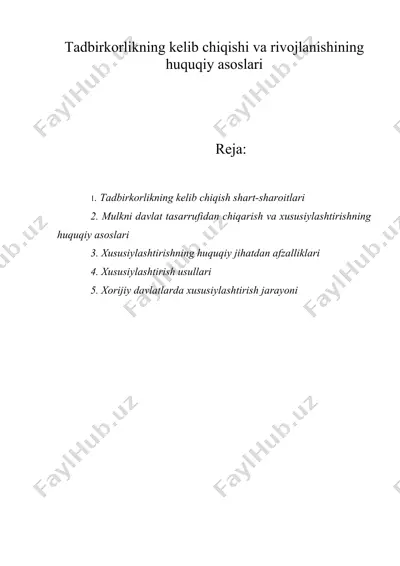 tadbirkorlikning kelib chiqishi va rivojlanishining huquqiy asoslari — DOC