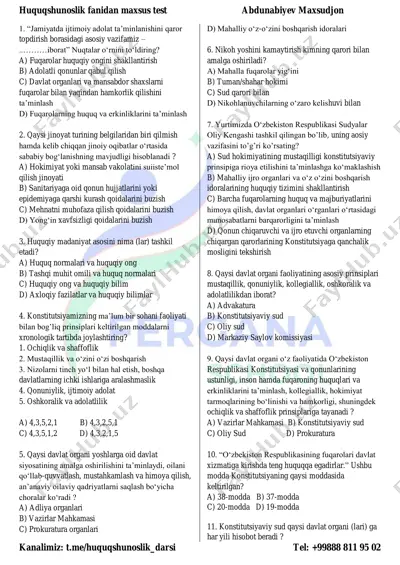 huquqshunoslik fanidan maxsus test — PDF