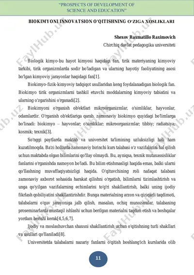 biokimyoni innovatsion o'qitishning o‘ziga xosliklari — PDF