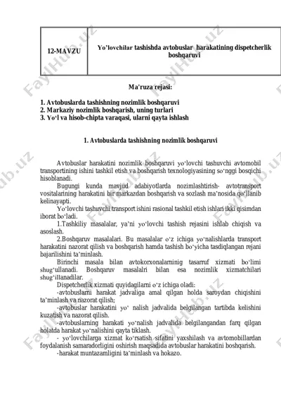 yo'lovchilar tashishda avtobuslar harakatining dispetcherlik boshqaruvi — PDF