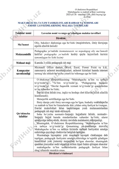 maktabgacha ta'lim tashkilotlari rahbar va xodimlari asosiy lavozimlarining malaka tavsiflari — PDF