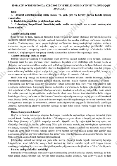 axborot xavfsizligi: o`zbekistonda axborot xavfsizligining ma'naviy va huquqiy asoslari — PDF