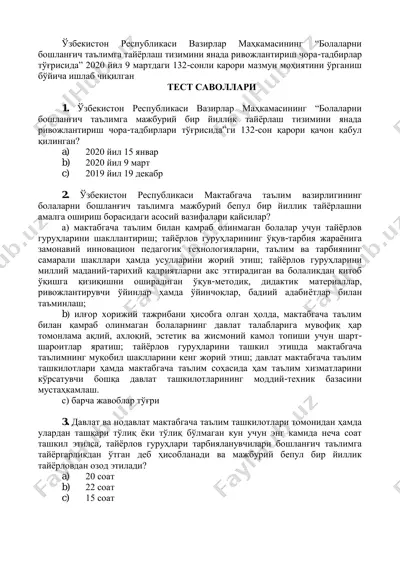 "bolalar boshlan'gich ta'limga mazburiy bir yillik tayyorlash tizimi" — PDF