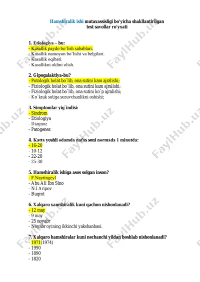 hamshiralik ishi mutaxassisligi bo'yicha shakllantirilgan test savollar ro'yxati — PDF