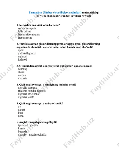 farmatsiya (fitobar o'rta tibbiyot xodimlari) mutaxassisligi bo’yicha shakllantirilgan test savollari ro’yxati — PDF