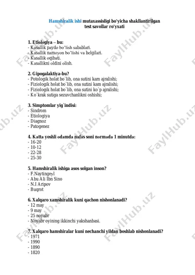 hamshiralik ishi mutaxassisligi bo'yicha shakllantirilgan test savollar ro'yxati — PDF