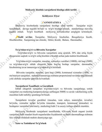 moliyaviy hisobda xarajatlarni hisobga olish tartibi — DOCX