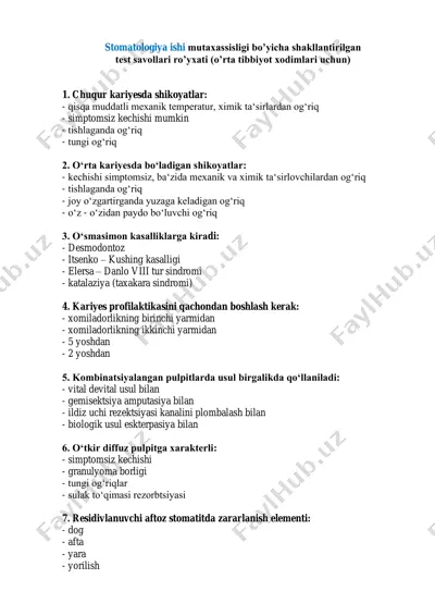 stomatologiya isi mutaxassisligi bo’yicha shakllantirilgan test savollari ro’yxati (o’rta tibbiyot xodimlari uchun) — PDF