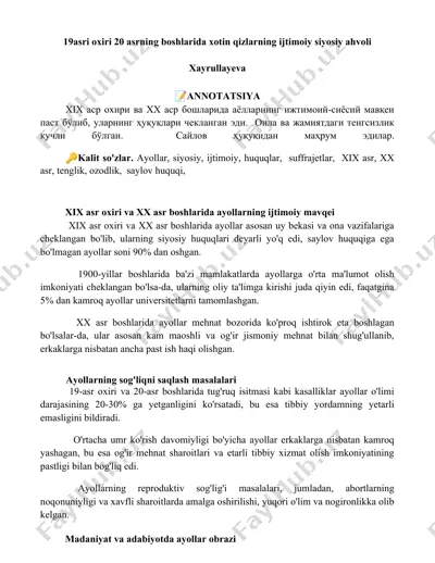 ayollar ijtimoiy- siyosiy ahvoli xix asr oxiri va xx asr boshlarida — DOCX