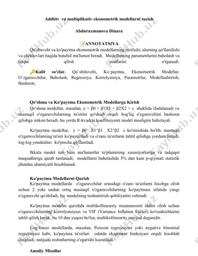additiv va multiplikativ ekonometrik modellarni tuzish — DOCX