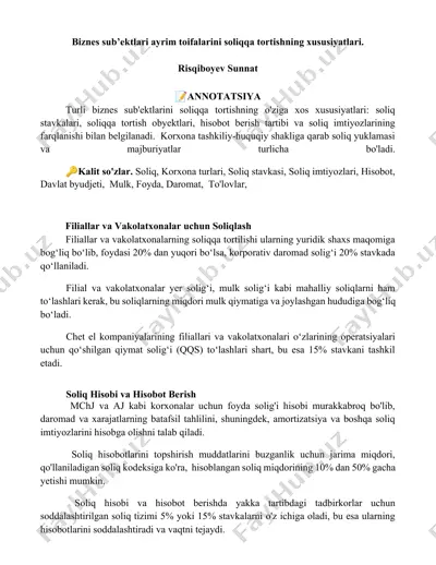 biznes sub’ektlari ayrim toifalarini soliqqa tortishning xususiyatlari — DOCX