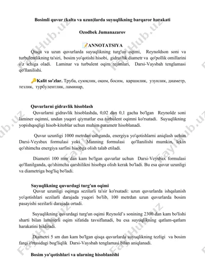 suyuqlikning quvurlarda gidravlik hisoblash — DOCX