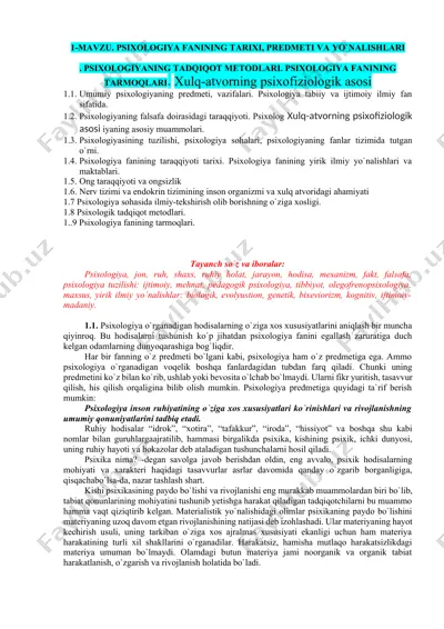 psixologiya fanining tarixi, predmeti va yo'nalishlari — DOCX