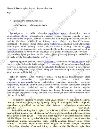 davlat iqtisodiyotida biznesni ahamiyati — DOCX