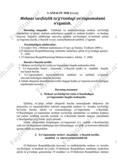 mehnat xavfsizligi bo’yicha yo’riqnomalar o’tkazish — DOCX