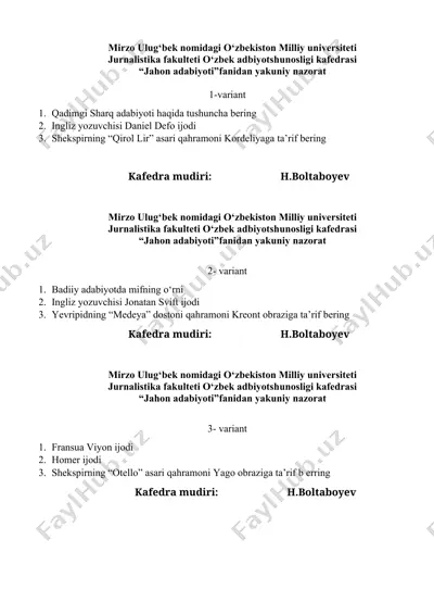 o‘zbekiston milliy universiteti jurnalistika fakulteti adbiyotshunosligi kafedrasi "jahon adabiyoti" fanidan yakuniy nazorat — DOCX