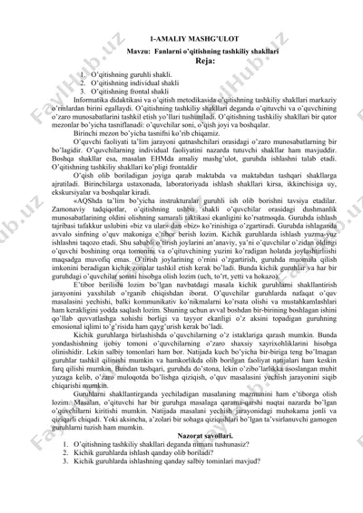 o‘qitishning tashkiliy shakllari — DOC