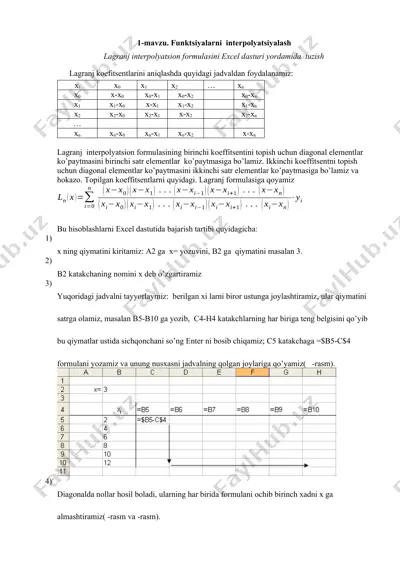 lagranj interpolyatsion formulasini excel dasturi yordamida tuzish — DOCX