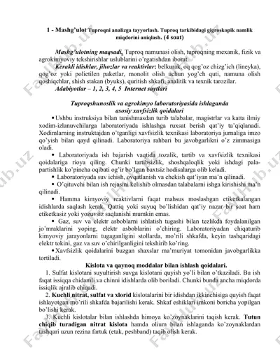 mashg’ulot tuproqni analizga tayyorlash. tuproq tarkibidagi gigroskopik namlik miqdorini aniqlash. (4 soat) — DOCX
