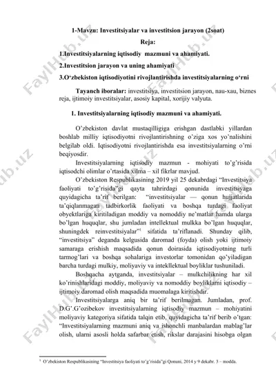 investitsiyalar va investitsion jarayon — DOCX